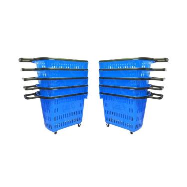 Imagem de Kit 10 Cestos de Compras com Rodízio D300 3300 30L Azul com Puxador Della Plast