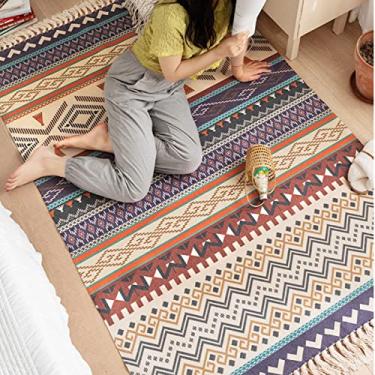Imagem de Tapete de área de algodão boêmio com franja tecida tapete de porta geométrico com borla lavável à máquina tapete de chão para varanda cozinha sala de estar