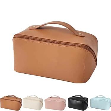 Imagem de Bolsa de cosméticos de viagem de grande capacidade 2022 bolsas de maquiagem de viagem de camada dupla multifuncional à prova d'água portátil bolsa de cosméticos com alça divisor para