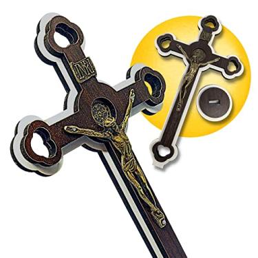 Imagem de Cruz Crucifixo De Mesa Para Altar E Parede Madeira Com Medalha de São Bento 20cm