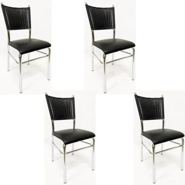 Imagem de Kit 4 Cadeiras De Cozinha Com Reforço Cromada Assento Preto Fibra Sint