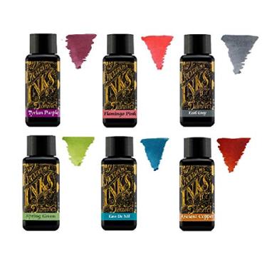 Imagem de Diamine - Tinta para caneta-tinteiro de 30 ml - Roda colorida - Pacote com 6 - Roxo tiriano, Rosa flamingo, Cinza Earl, Verde Primavera, Eau de Nil, Cobre Antigo