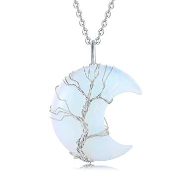 Imagem de XIANNVXI Colar com pingente de lua crescente e árvore da vida envolto em arame Reiki com pedra de cristal de cura, joias de quartzo de pedra preciosa natural para mulheres, Pedra, não sabe