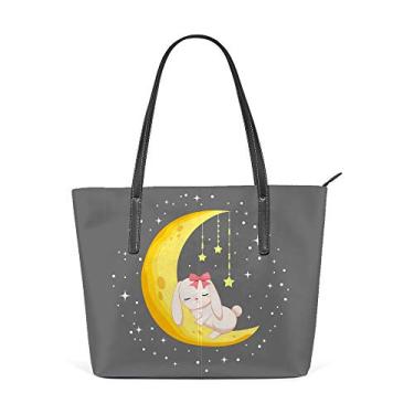 Imagem de Bolsa de ombro para mulheres, sacola de couro, bolsa grande, trabalho, coelho, dormir, lua estrelada, bolsa casual