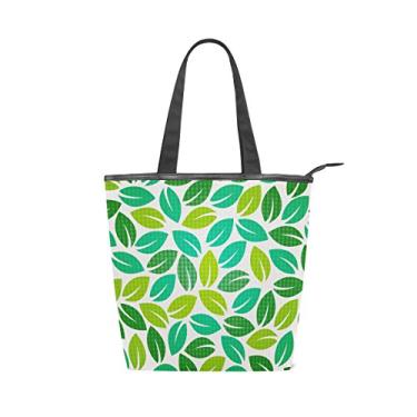 Imagem de Bolsa feminina de lona durável com estampa de folhas verdes grande capacidade sacola de compras