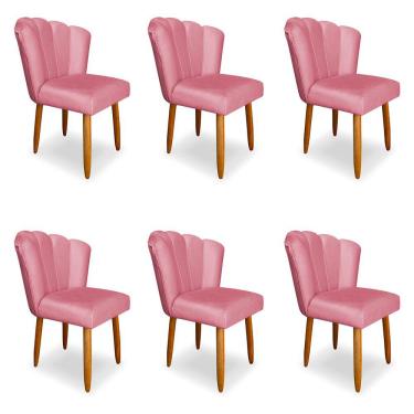 Imagem de Kit 6 Cadeiras de Jantar Pétala Estofada Pés Palito Veludo Rosa - Montanaris Decor