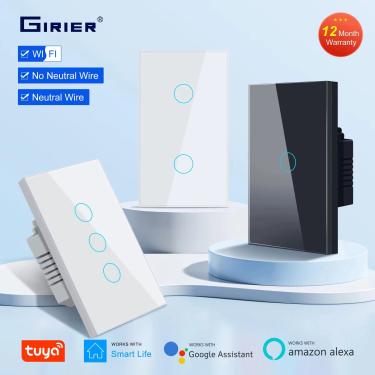 Imagem de GIRIER-Smart WiFi Touch Switch  sem fio neutro necessário  1  2  3 Gang Light  100-240V  funciona