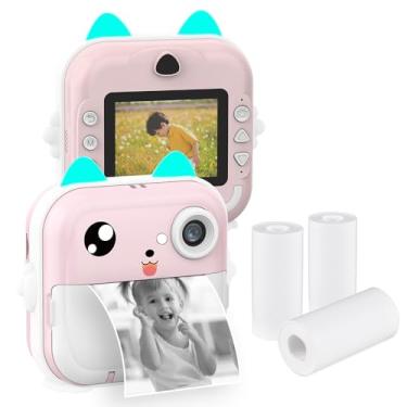 Imagem de CIADAZ Câmera infantil portátil com impressão térmica instantânea com tela de 2,4 polegadas, câmera digital, foto, selfie, vídeo HD, impressão térmica sem tinta com 3 rolos de papel branco para impres