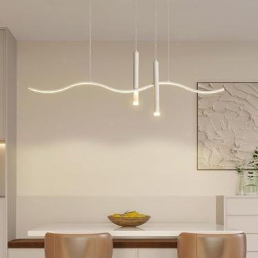 Imagem de Lustre linear branco com 3 luzes contemporâneo LED luminária pendente de onda longa moderna lâmpada de teto suspensa (tamanho: escurecimento tricolor, cor: 80 cm) (cor: 80 cm, tamanho: escurecimento