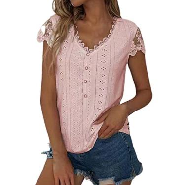 Imagem de Blusas femininas de malha de renda para treino, plus size, manga curta, blusas fofas de algodão, camisetas soltas, túnica básica, rosa, GG