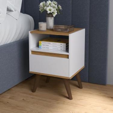Imagem de Mesa De Cabeceira Paara Quarto Cama Com Gaveta Pés Retro (Branco/Freijó)