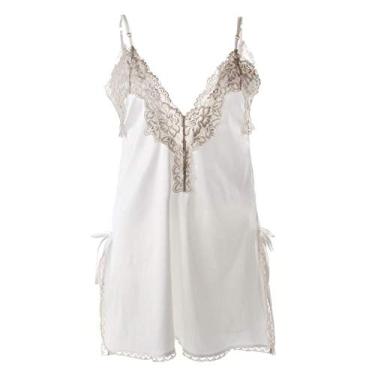 Imagem de KSDFIUHAG Conjuntos de lingerie para mulheres renda bordado sem costas Sling camisa senhora tentação roupa interior erótica perspetiva camisa curta, Branco, M