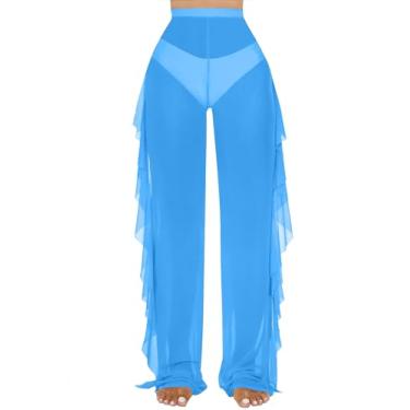 Imagem de Jumppmile Biquíni feminino de malha transparente com babados e calça transparente, Azul, P