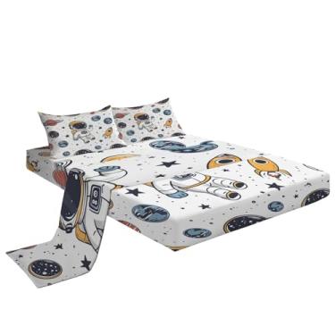 Imagem de Eojctoy Jogo de lençol solteiro de 4 peças - desenho animado de astronauta - 1 lençol com elástico, 1 lençol de cima, 2 fronhas - qualidade de hotel - super macio e respirável - jogo de lençol para