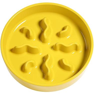 Imagem de Tigela de cerâmica alimentadora lenta para cães de raça pequena, 0,5 xícara de comida de cachorro para comedores rápidos, tigela de quebra-cabeça para cães e gatos pequenos, 14 cm - amarelo