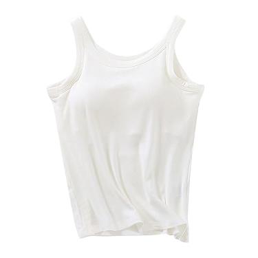 Imagem de Camiseta feminina de algodão com sutiã embutido, cor lisa, ajustável, alças finas, camisetas básicas elásticas, Branco, P