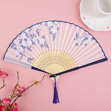 Imagem de YQHWLKJ Ventilador dobrável de seda estilo vintage ventiladores de mão ventiladores de mão arte artesanato menina presente decoração de casa casamento dança ventilador de mão