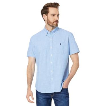Imagem de U.S. Polo Assn. Camisa masculina de manga curta, caimento clássico, 1 bolso, fio de algodão, tingido, tecido Houndstooth, Costa Azul, G