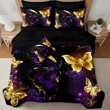 Imagem de MUGINYU Conjunto de edredom casal, roxo e preto, 8 peças, lençol com borboleta dourada e 1 edredom, 4 fronhas, 1 lençol de cima, 1 lençol com elástico, 1 capa de almofada