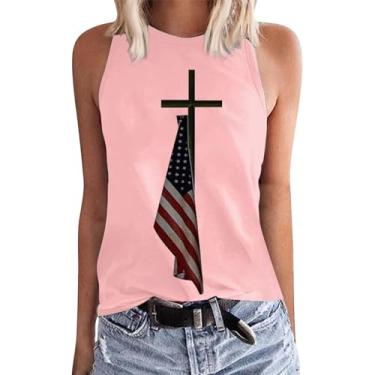 Imagem de Camiseta regata com bandeira americana patriótica feminina, 4 de julho, sem mangas, listras estrelas, tops para o Memorial Day, rosa, M