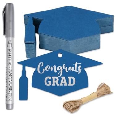 Imagem de Whaline 100 peças de etiquetas de presente de boné de formatura azul com caneta marcador de prata corda de cânhamo parabéns etiquetas de papel pré-perfuradas para formatura artesanato DIY artigos de