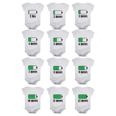 Imagem de Kit 12 Body Bebê Calupa Mesversario Manga Curta Bateria Carregando 1 a 12 meses-Unissex