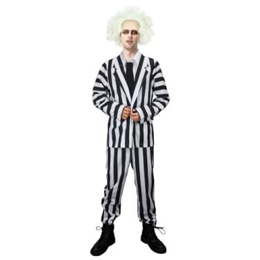 Imagem de Vikidoky Terno masculino listrado preto e branco casaco calça colete filme assustador Halloween cosplay festa roupa, Preto e branco, XXG