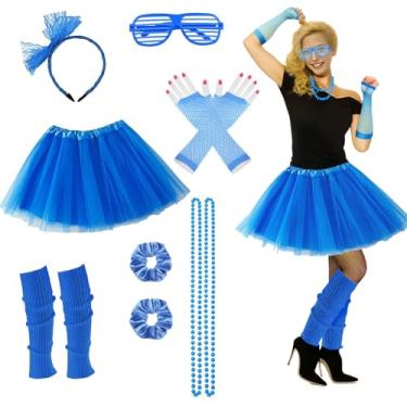 Imagem de Roupa feminina dos anos 80, acessórios de festa dos anos 80, 7 peças, 70, 90, década de 1980, fantasias com polainas de tutu azul neon, Azul escuro, One Size