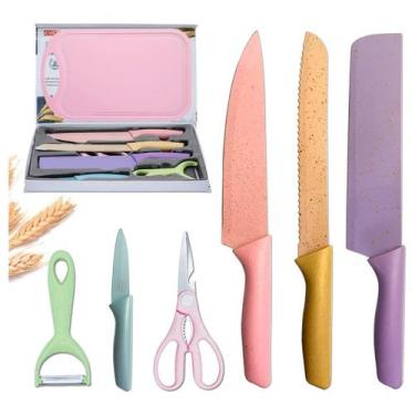 Imagem de Jogo De Facas Coloridas 7 Peças Aço Inox Faqueiro Tabua - Evrywealth