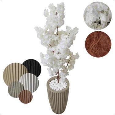 Imagem de Flor Cerejeira Branca Japonesa Arranjo Artificial com Vaso de Decoraçã