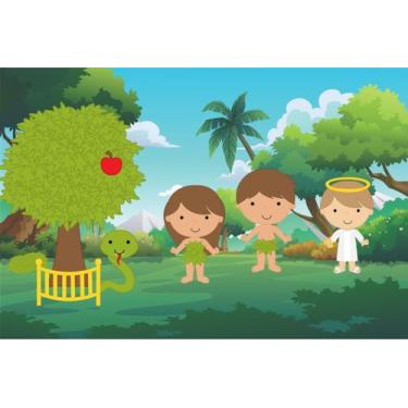 Imagem de Painel de Lona Bíblico Religioso Adão e Eva Cute - Fabrika de Festa, 2