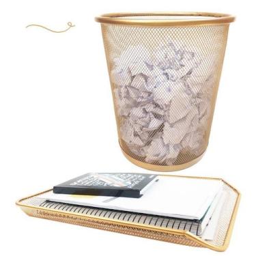 Imagem de Kit Escritório Lixeira Bandeja Organizadora De Papel Dourado - Markys 