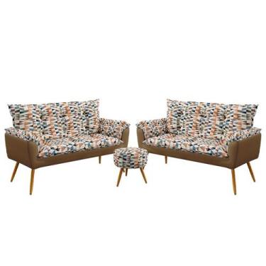 Imagem de Kit 2 Poltronas Namoradeira Beta com Puff Solar Sued Estampado Laranja