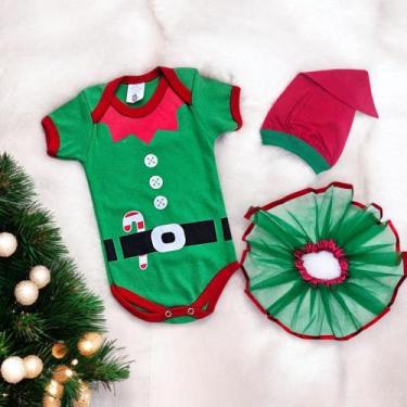 Imagem de Kit 3 pçs Elfo Natalino Mesversário roupinha de bebê Menina Verde Aces