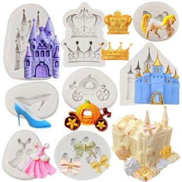 Imagem de Molde de fondant com tema Cinderela silicone castelo sapatos de cristal abóbora carruagem coroa arco chocolate doce molde para decoração de bolos topo de cupcake polímero argila pasta de goma conjunto