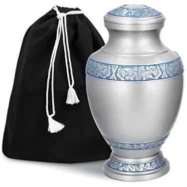 Imagem de GSM Brands Urna de cremação para cinzas humanas adultas - Grande memorial de funeral feito à mão com design elegante de prata (alumínio - 30,5 cm de altura x 17,8 cm de largura)
