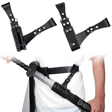 Imagem de LEIFIDE 2 peças de suporte de espada de couro medieval de Halloween, espada, adaga, suporte de machado, cinto de couro para homens e mulheres assassino guerreiro fantasia cosplay acessório (preto)
