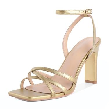 Imagem de Joseywade Salto grosso feminino com tiras salto alto 9 cm sandálias de salto aberto sapatos EUA tamanho 5-13, Tiras douradas, 37