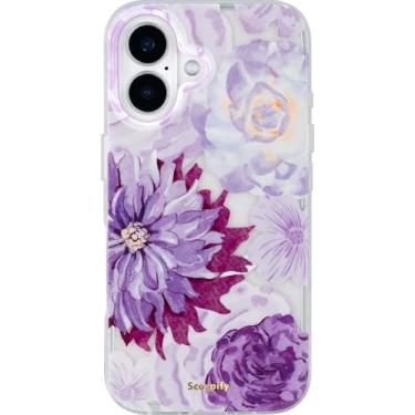 Imagem de SCORPIFY Capa para iPhone 16 [compatível com MagSafe] com design floral roxo zinnia, linda capa de telefone magnética transparente para mulheres e meninas, [proteção contra quedas de grau MIL-10 m]