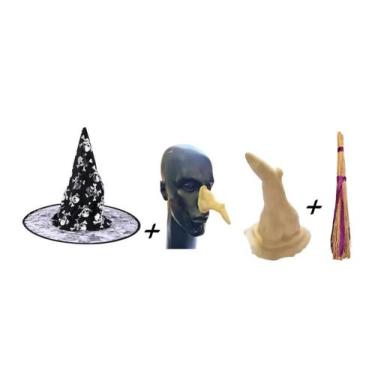 Imagem de Kit Fantasia de Bruxa com Nariz realista + Chapéu +Vassoura - Lynx