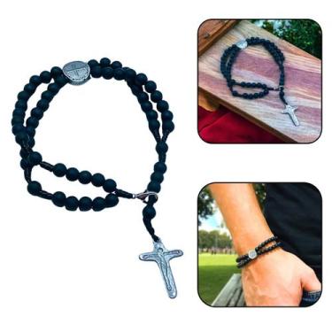 Imagem de Pulseira Terço Medalha das Duas Cruzes Preto Fosco - FORNECEDOR 9
