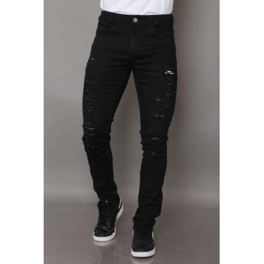 Imagem de Calça Jeans Masculina Sarja Skinny Preta Detalhe Rasgo Luxo - Jg, 38