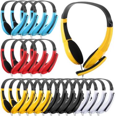 Imagem de Saysurey Pacote com 20 fones de ouvido para sala de aula com microfone a granel de 3,5 mm com conector ajustável para sala de aula, estudantes, computador, laptop, escritório, casa (multicolorido)