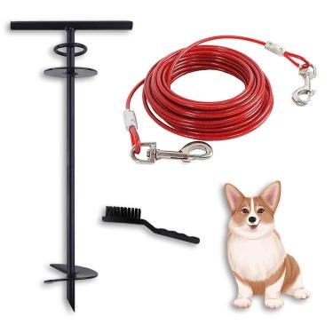 Imagem de SHUNAI Corda e estaca para cães – Coleira pesada para quintal de 1,8 m – Estaca estilo T para cães pequenos, médios e grandes até 45 kg – Estaca para cães para gramado de praia ao ar livre