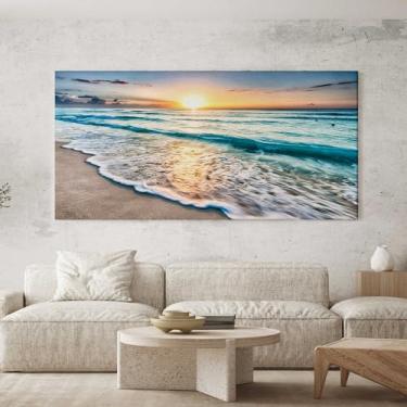 Imagem de Quadro Decorativo para Sala Quarto Hall 100x50 Paisagem Praia Nascer Sol Horizontal Grande Decoração Parede Tela