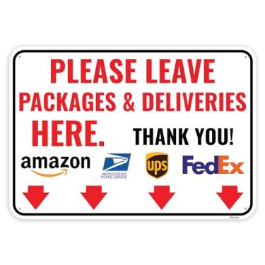 Imagem de 1 placa de entrega para pacotes - Deixe pacotes e entregas aqui, com seta para baixo, 25 x 18 cm - Alumínio - Instruções de entrega para meus pacotes pedidos da Amazon, UPS, FedEx, USPS, UPS