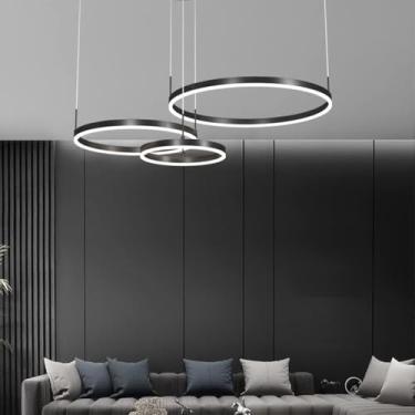 Imagem de Candeeiro suspenso LED Candeeiro de mesa de jantar com controle remoto Luz pendente regulável em altura ajustável Lustre para sala de estar Anel de metal Candeeiro de teto acrílico para sala