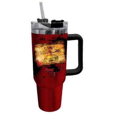 Imagem de Spoontiques - Caneca de viagem de aço inoxidável com alça - Capacidade de 1,134 g - Parede dupla de aço inoxidável com tampa de viagem com trava deslizante - 28 cm de altura - Sexta-feira 13