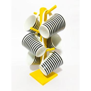 Imagem de Kit Jogo 6 Xicara Grande 240ml listra preta + Suporte Mdf Enfeite Cozi