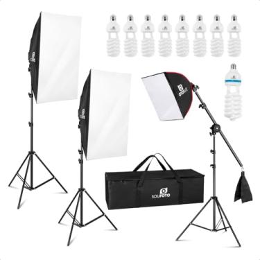 Imagem de Kit Softbox Triplo Turim com Tripé 2 metros Braço Girafa, 3 Softbox e Lâmpadas 510w Completo (220V)